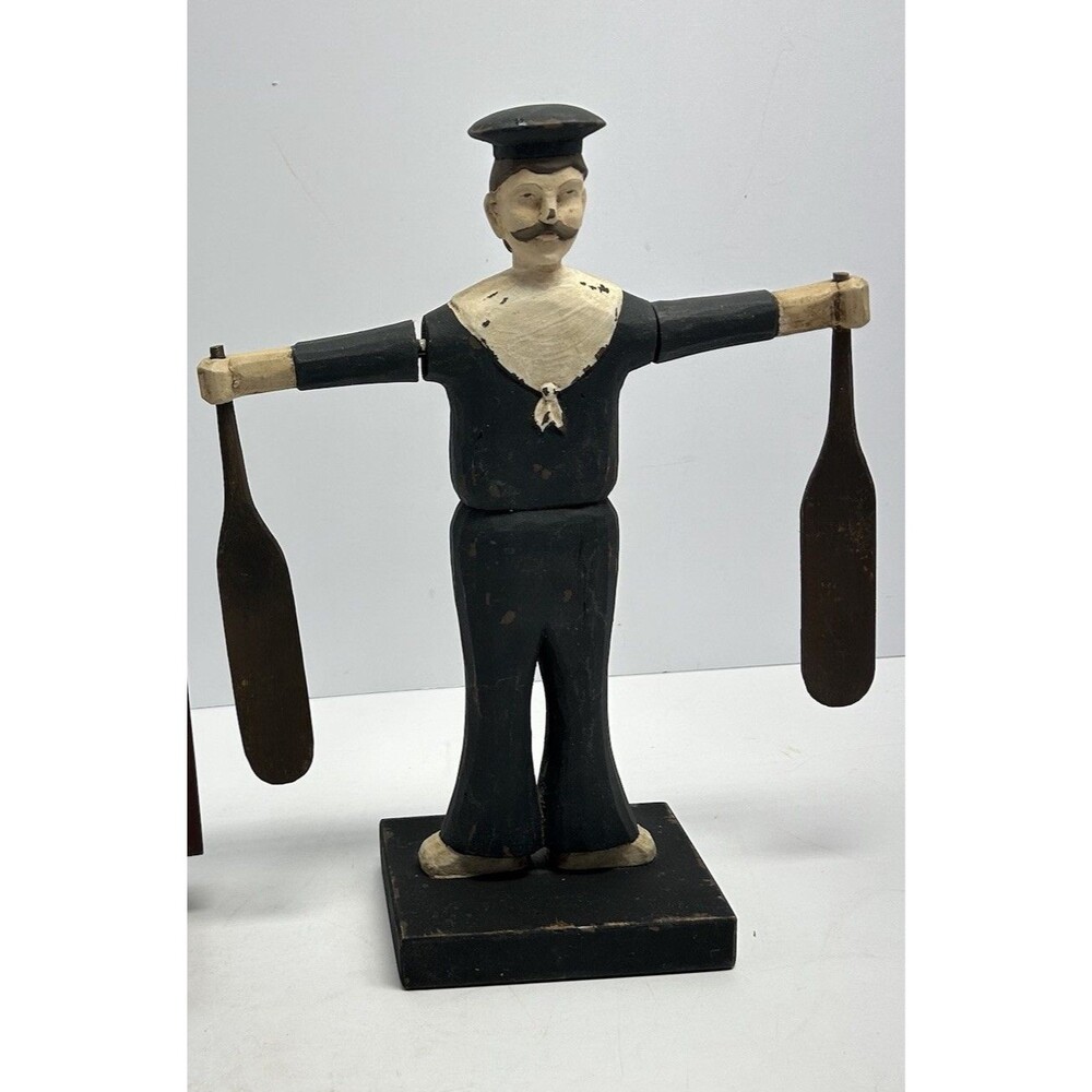 Vintage Hand Carved Wooden Sailor Oar Whirligig Folk Art Figurine 10"